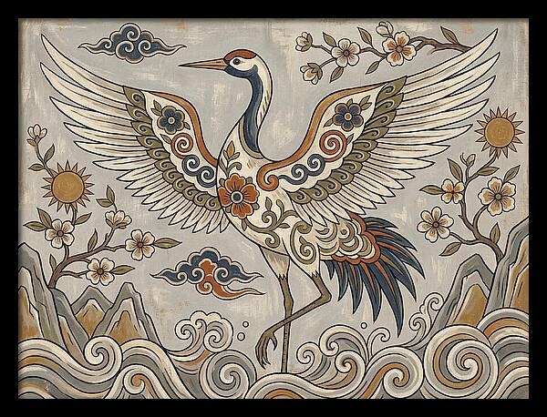 Crane In Flight Among Blossoms