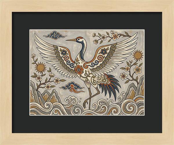 Crane In Flight Among Blossoms