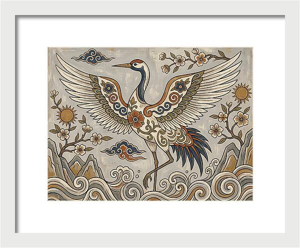 Crane In Flight Among Blossoms