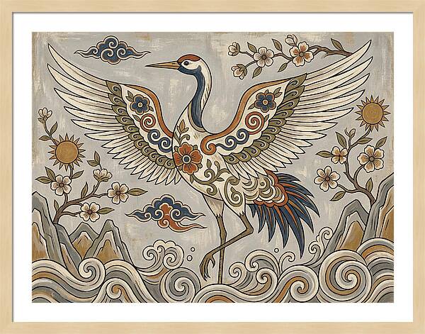 Crane In Flight Among Blossoms
