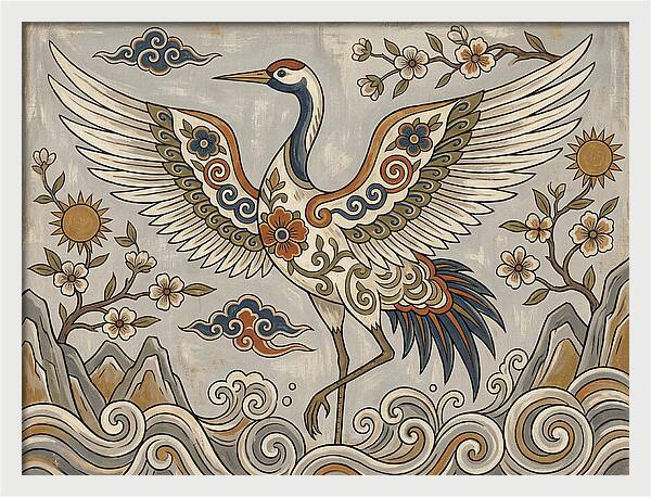 Crane In Flight Among Blossoms