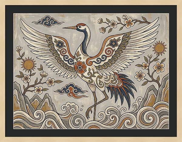 Crane In Flight Among Blossoms