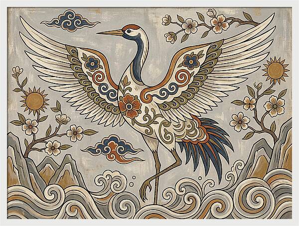 Crane In Flight Among Blossoms
