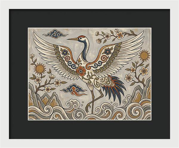Crane In Flight Among Blossoms