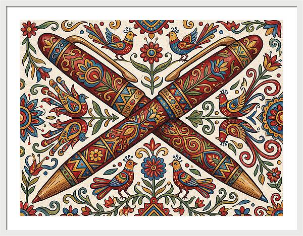 Crossed Pens With Floral Motif