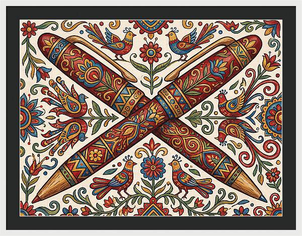 Crossed Pens With Floral Motif