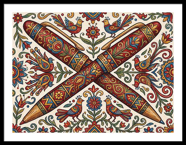 Crossed Pens With Floral Motif