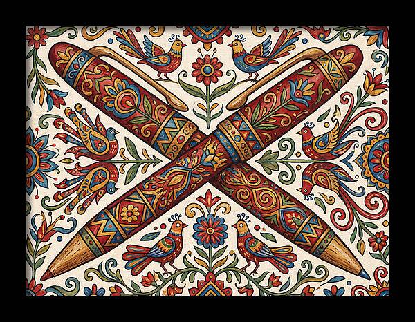 Crossed Pens With Floral Motif