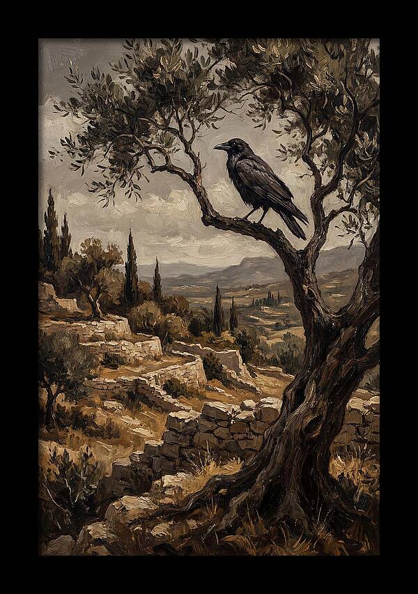 Crow Perched In Mediterranean Landscape
