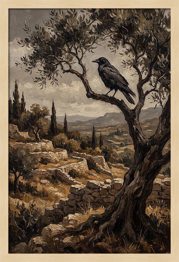 Crow Perched In Mediterranean Landscape