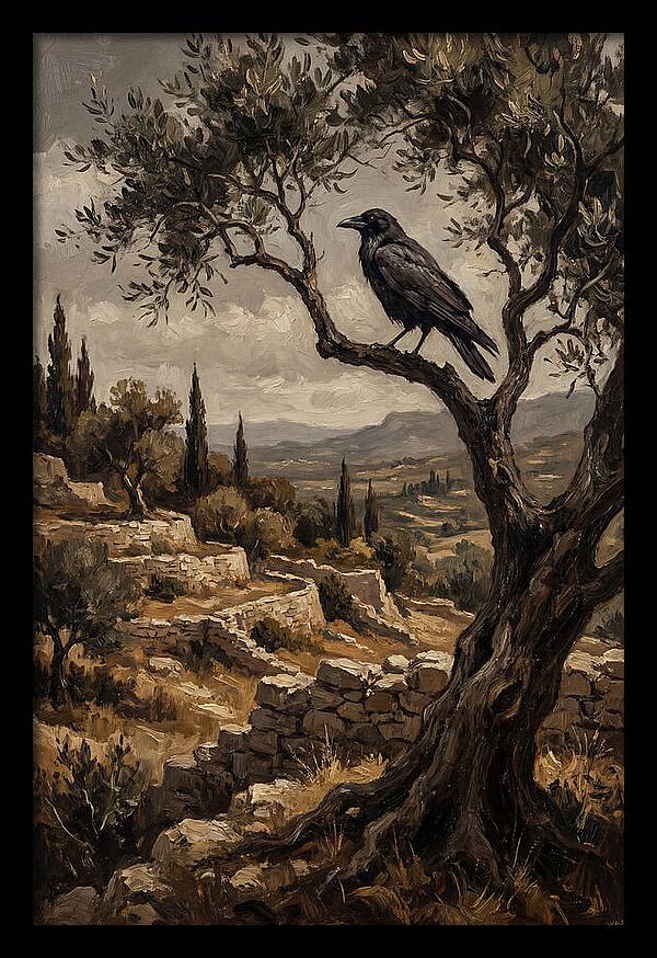 Crow Perched In Mediterranean Landscape