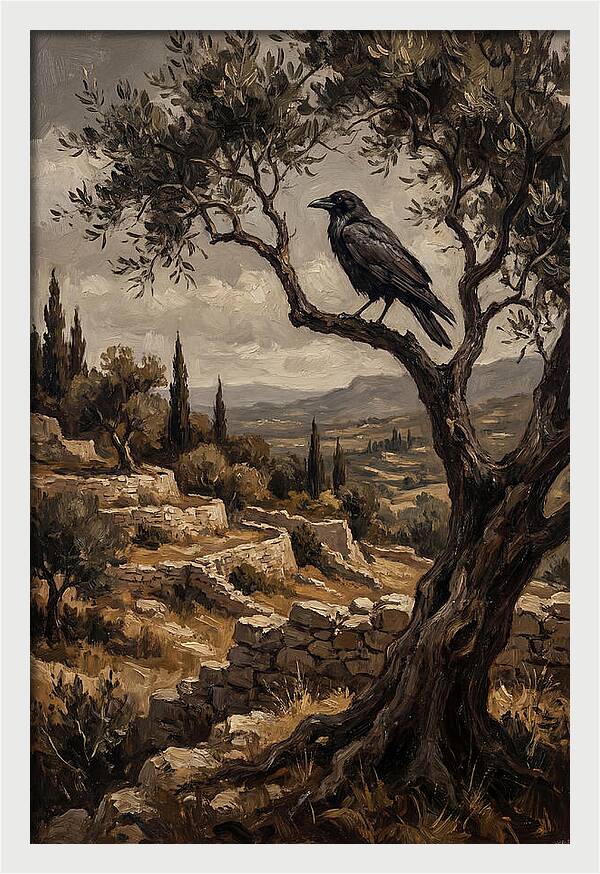 Crow Perched In Mediterranean Landscape