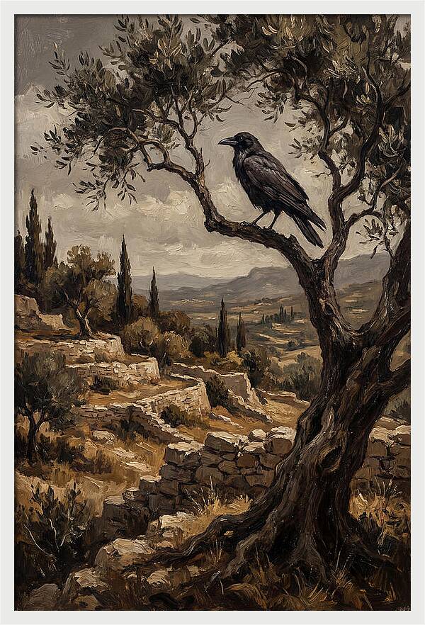 Crow Perched In Mediterranean Landscape