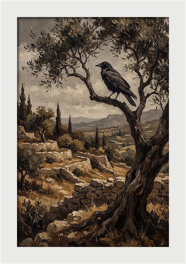 Crow Perched In Mediterranean Landscape
