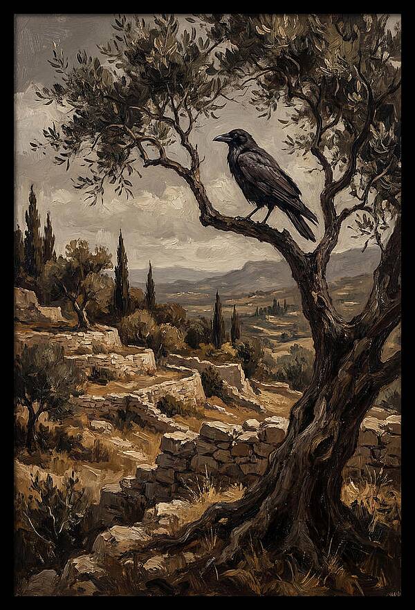 Crow Perched In Mediterranean Landscape