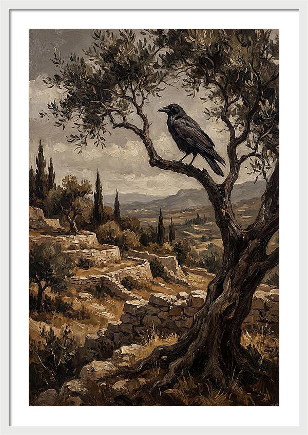 Crow Perched In Mediterranean Landscape