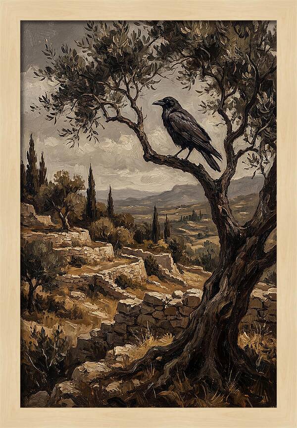 Crow Perched In Mediterranean Landscape