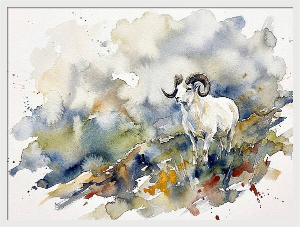 Dall Sheep In Watercolor Landscape