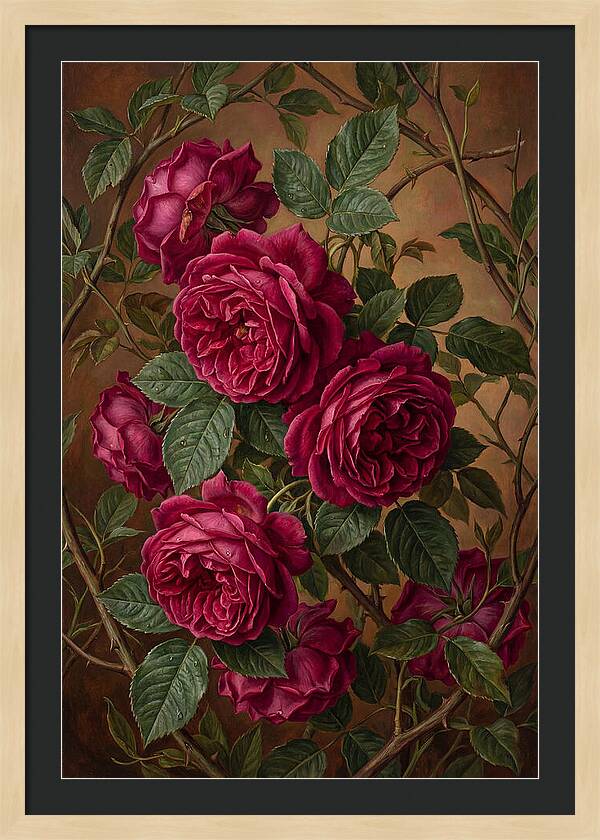Damask Roses In Deep Crimson And Magenta