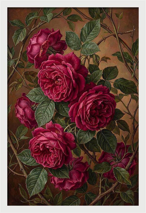 Damask Roses In Deep Crimson And Magenta