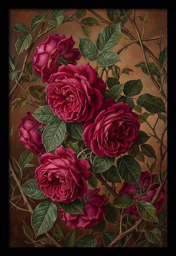 Damask Roses In Deep Crimson And Magenta
