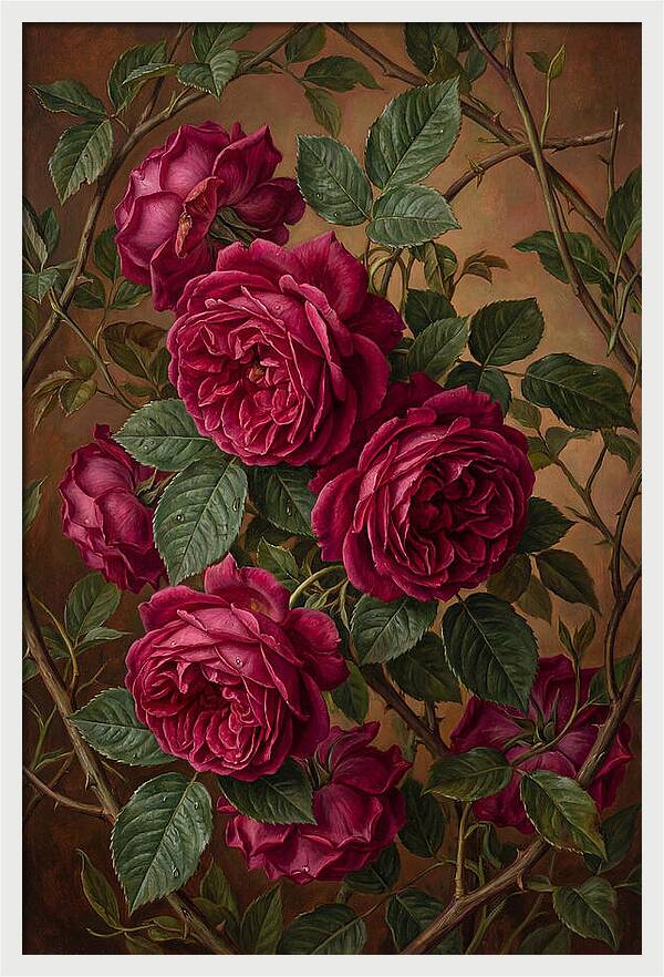 Damask Roses In Deep Crimson And Magenta