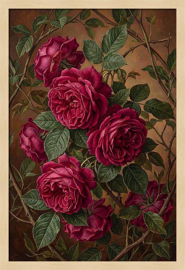 Damask Roses In Deep Crimson And Magenta
