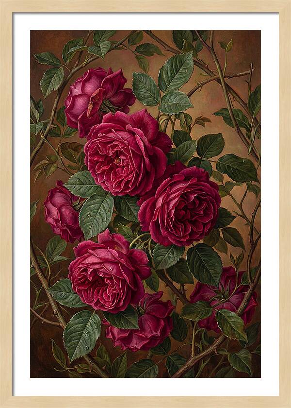 Damask Roses In Deep Crimson And Magenta