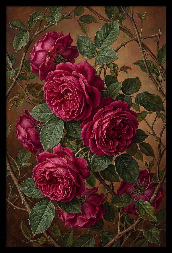 Damask Roses In Deep Crimson And Magenta
