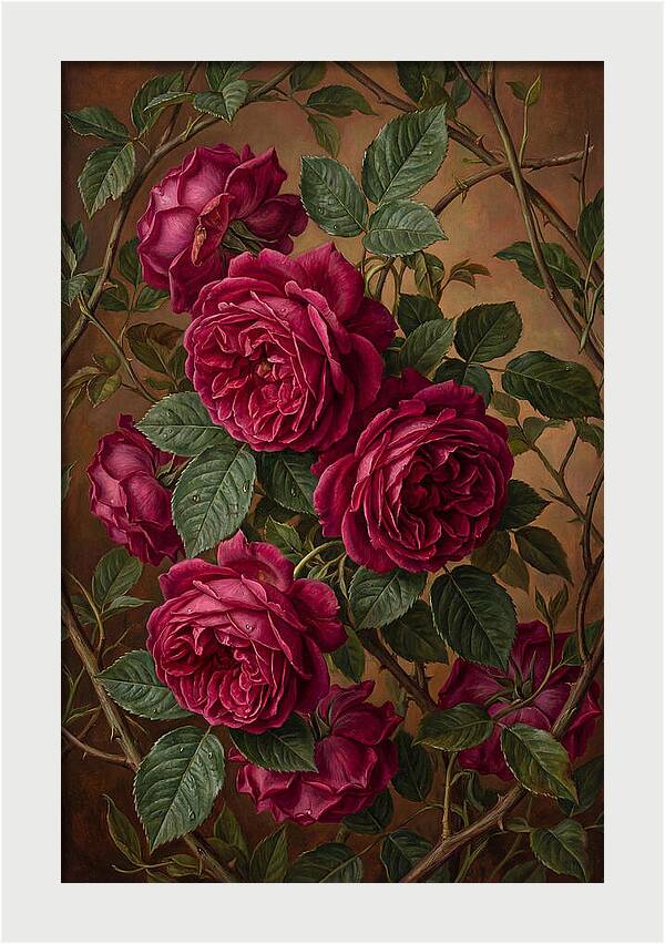 Damask Roses In Deep Crimson And Magenta