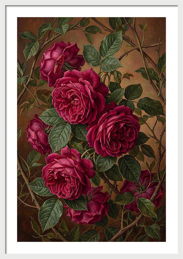 Damask Roses In Deep Crimson And Magenta