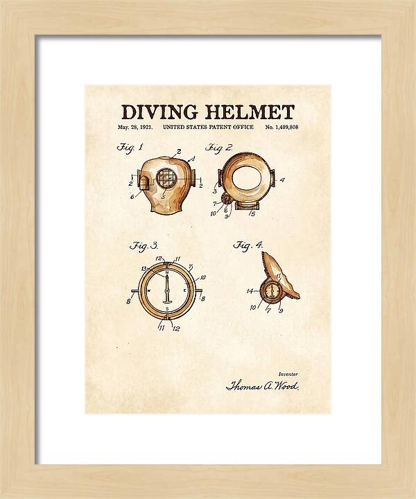 Diving Helmet Watercolor Patent Us1409808a