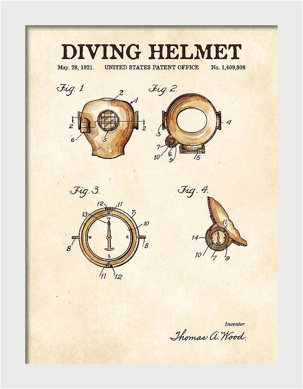 Diving Helmet Watercolor Patent Us1409808a