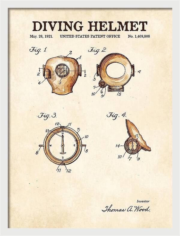 Diving Helmet Watercolor Patent Us1409808a