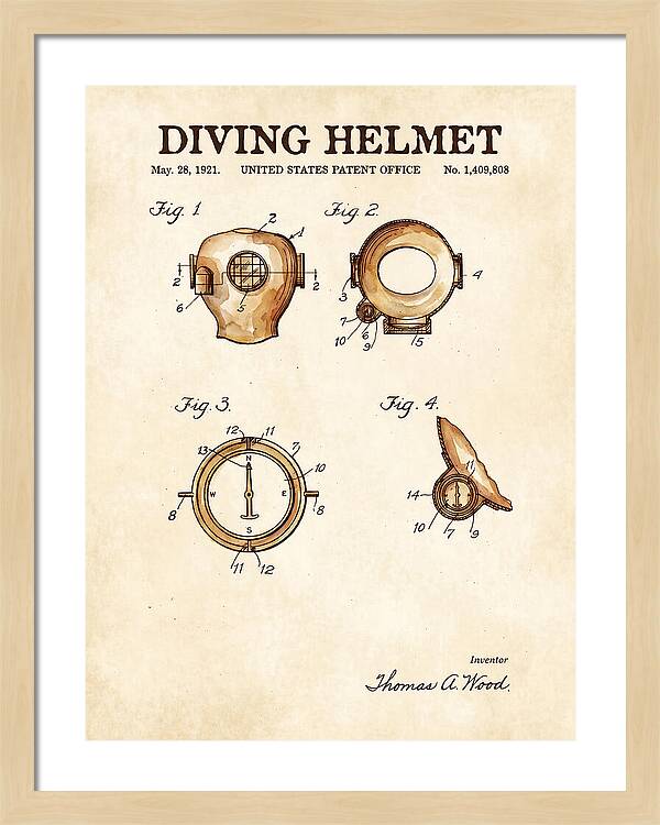 Diving Helmet Watercolor Patent Us1409808a