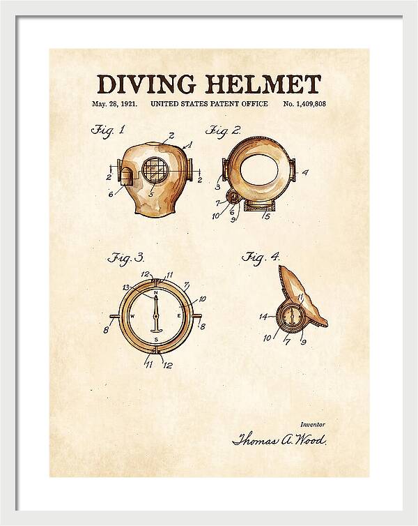 Diving Helmet Watercolor Patent Us1409808a