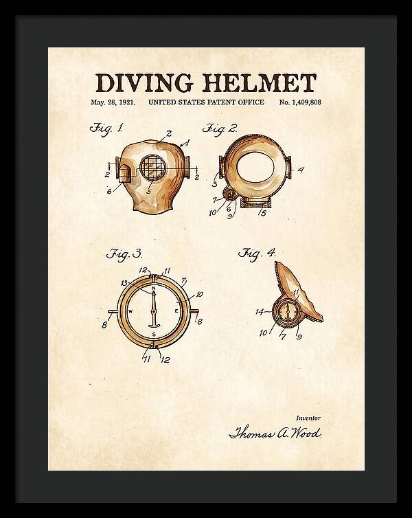 Diving Helmet Watercolor Patent Us1409808a