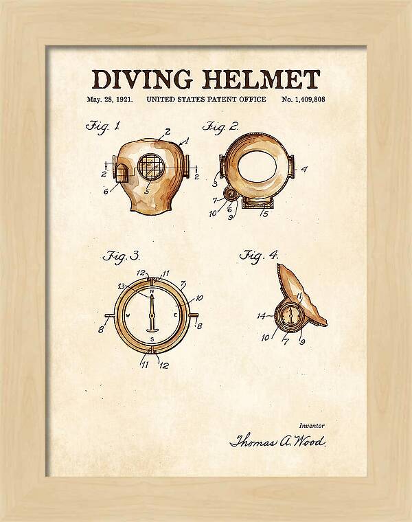 Diving Helmet Watercolor Patent Us1409808a
