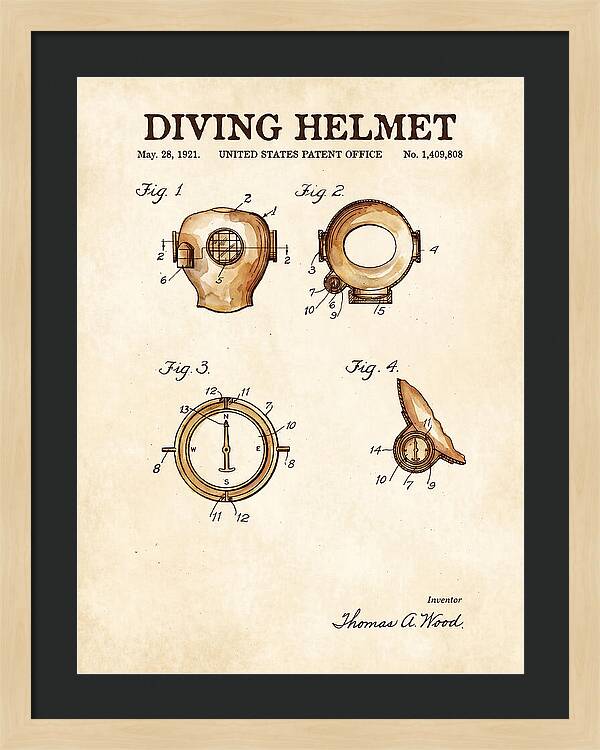 Diving Helmet Watercolor Patent Us1409808a