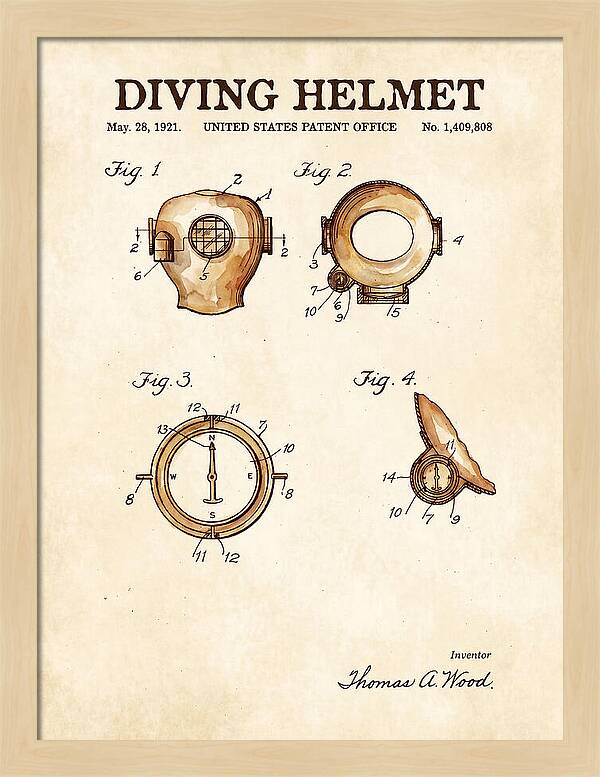 Diving Helmet Watercolor Patent Us1409808a