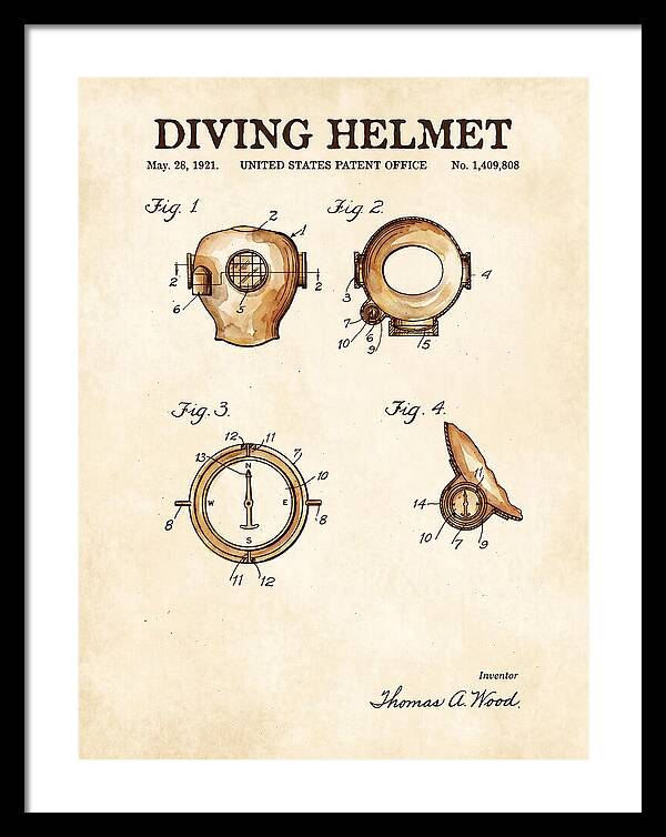 Diving Helmet Watercolor Patent Us1409808a