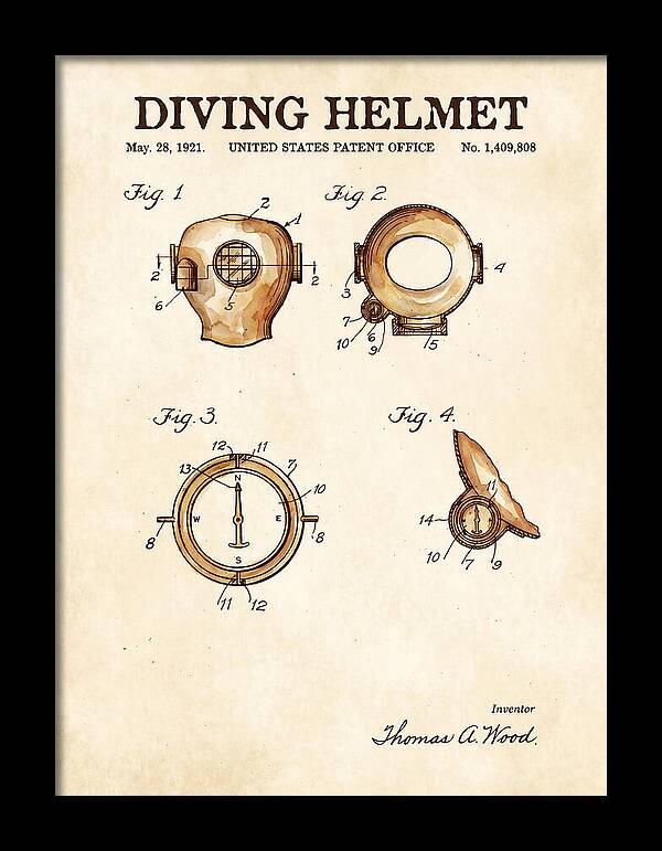 Diving Helmet Watercolor Patent Us1409808a