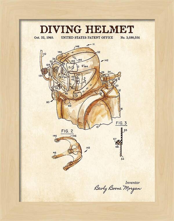 Diving Helmet Watercolor Patent Us3680556a