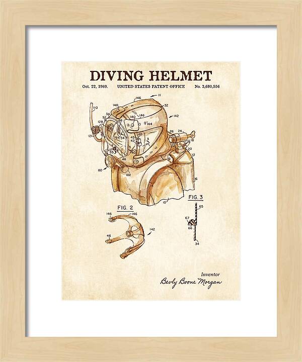 Diving Helmet Watercolor Patent Us3680556a