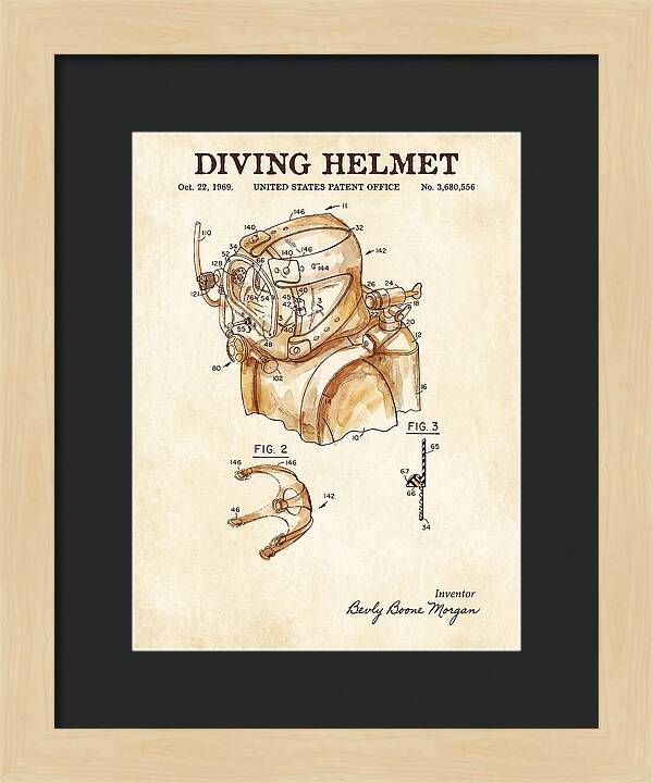 Diving Helmet Watercolor Patent Us3680556a