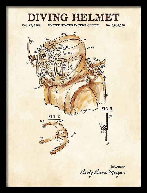 Diving Helmet Watercolor Patent Us3680556a