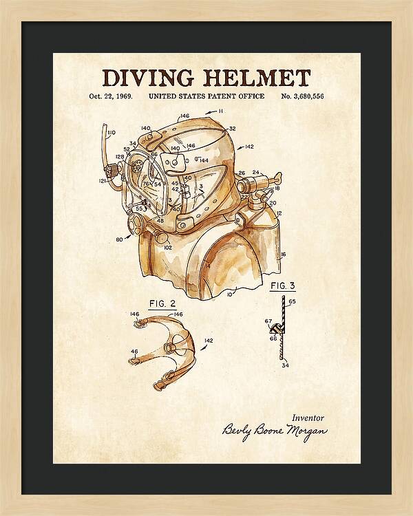 Diving Helmet Watercolor Patent Us3680556a