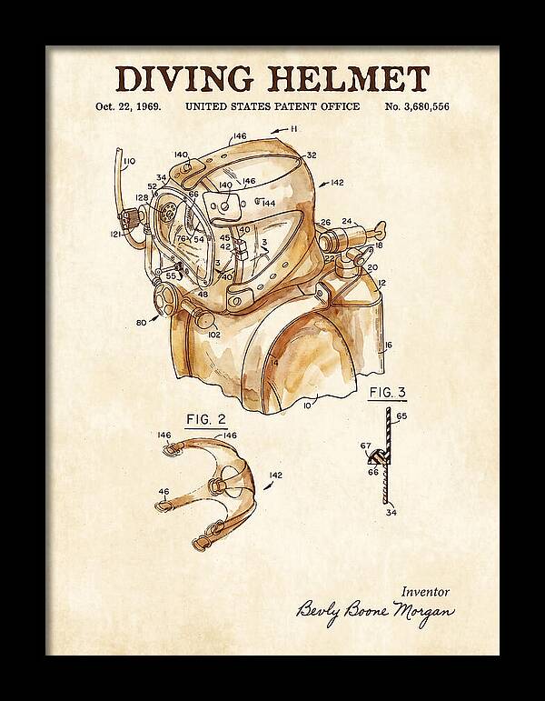 Diving Helmet Watercolor Patent Us3680556a