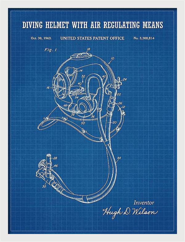 Diving Helmet With Air Regulating Means Blueprint Patent Us3308814a