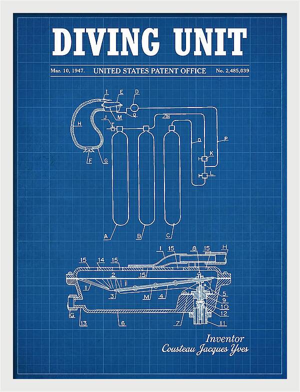 Diving Unit Cousteau Aqua Lung Blueprint Patent Us2485039a